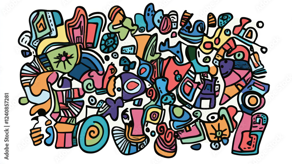 Whimsical doodle shapes in vibrant colors create playful and artistic composition. This abstract design features variety of forms and patterns, evoking creativity and joy Whimsical doodle shapes in vibrant colors create playful and artistic composition. This abstract design features variety of forms and patterns, evoking creativity and joy