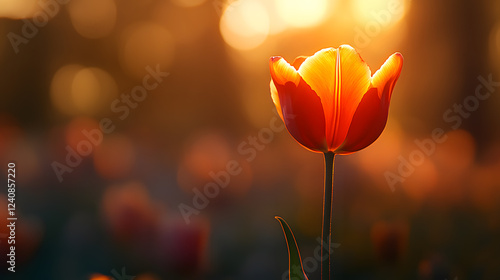 Fototapeta Naklejka Na Ścianę i Meble -  Single orange tulip stands tall in golden sunset light against a backdrop of flowers