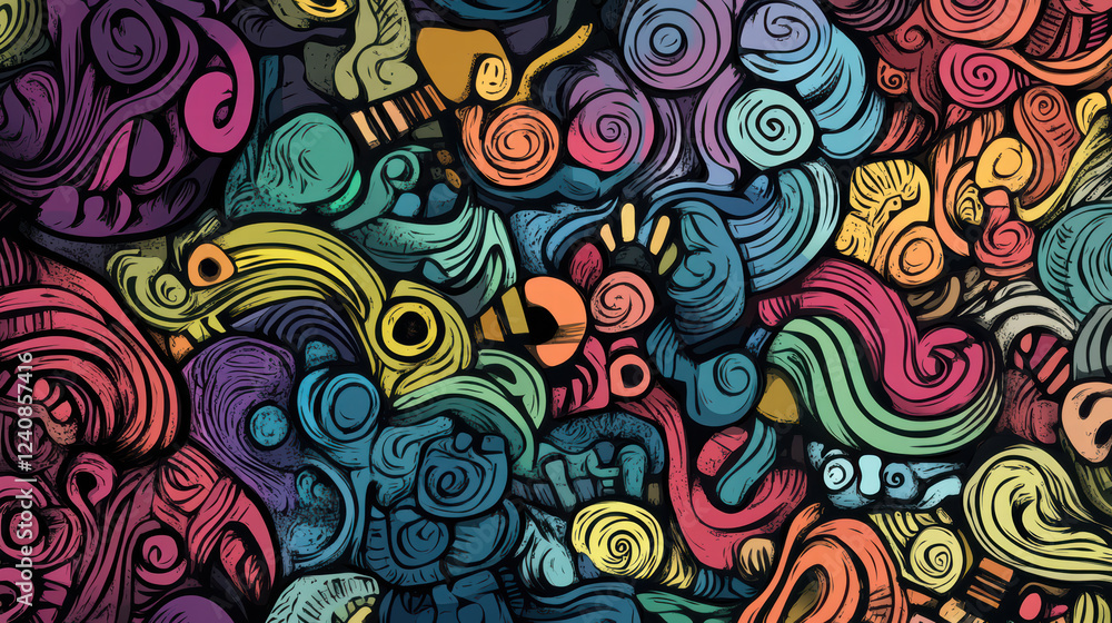 Fototapeta premium Whimsical doodle shapes in vibrant colors create lively and playful abstract design. intricate patterns and swirls evoke sense of creativity and joy