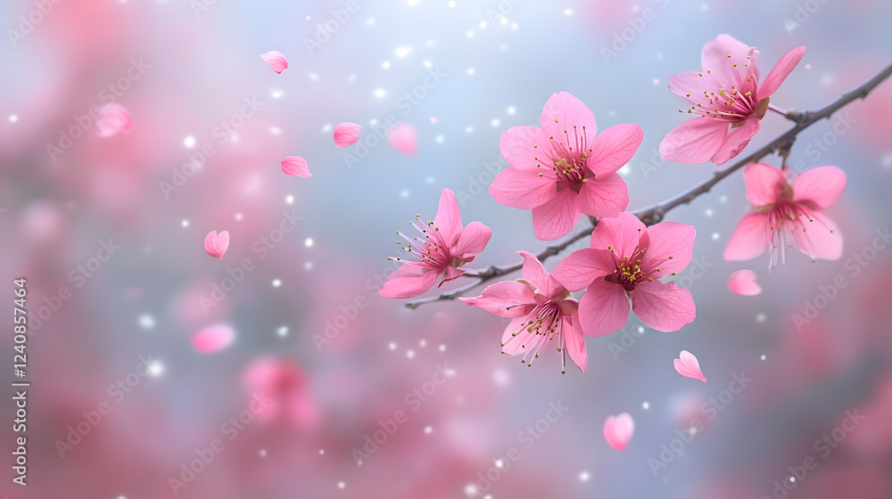 Pink cherry blossoms bloom on a branch as soft petals fall in the warm spring sunlight Pink cherry blossoms bloom on a branch as soft petals fall in the warm spring sunlight