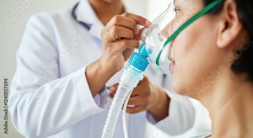 Female patient receiving oxygen therapy from medical professional in clinical setting photo