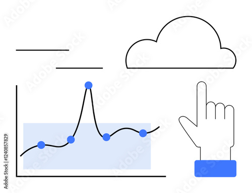 Graph with fluctuating line and data points stylized cloud and hand pointer. Ideal for technology, innovation, cloud storage, data analysis, interactivity, growth, computing. Line metaphor