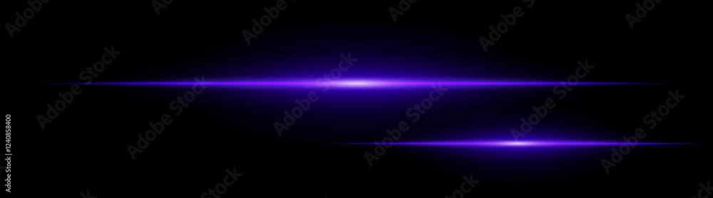 Two horizontal purple light beams glowing on black background. Abstract digital energy effect. Futuristic technology and sci-fi concept for design and wallpaper Two horizontal purple light beams glowing on black background. Abstract digital energy effect. Futuristic technology and sci-fi concept for design and wallpaper