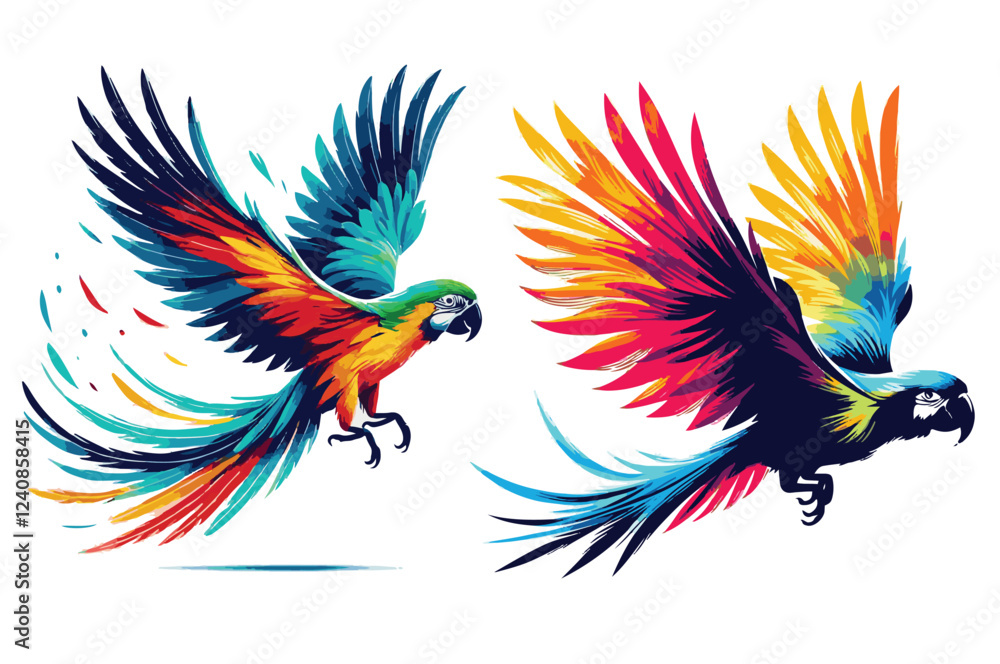 Obraz premium Vibrant Colorful Parrots Flying with Elegance Showing Expressive Motion and Artistry