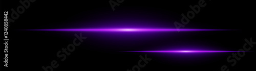Two horizontal purple light beams glowing on black background. Abstract digital energy effect. Futuristic technology and sci-fi concept for design and wallpaper