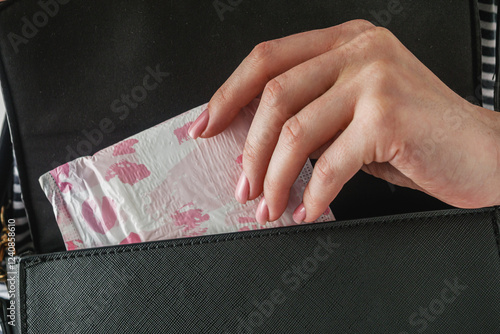 young girl takes out a sanitary napkin from her handbag, hygiene concept
