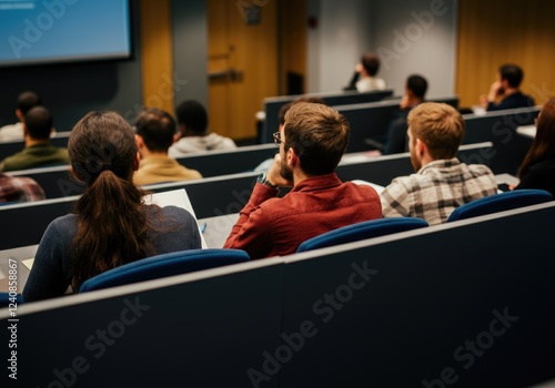 University students attending lecture in modern classroom with focus on lecture presentation