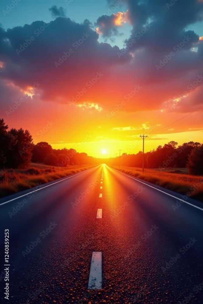 Naklejka premium Golden hour light bathes empty asphalt road, sunrise colors paint the sky , peaceful, empty, pink