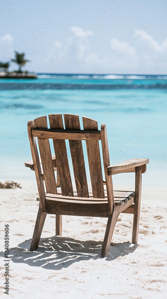 Tranquility on the Beach: A Wooden Chair Facing the Ocean Tranquility on the Beach: A Wooden Chair Facing the Ocean