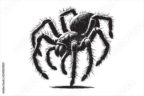 Detailed Illustration of a Tarantula Spider in Black and White Style

