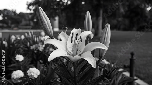 A lily flower blooming in a flowerbed.