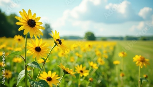 Tall yellow flower stalks swaying gently in the breeze, helianthus salicifolius, yellow, wildflowers photo