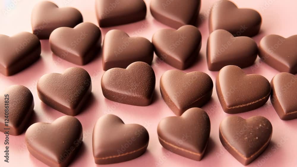 Dark, milk, ruby 3d chocolate hearts scattered across pink surface, symbolizing sweet romance and indulgence. Valentine love Mocha Mousse romantic Copy space for text video 4k Dark, milk, ruby 3d chocolate hearts scattered across pink surface, symbolizing sweet romance and indulgence. Valentine love Mocha Mousse romantic Copy space for text video 4k