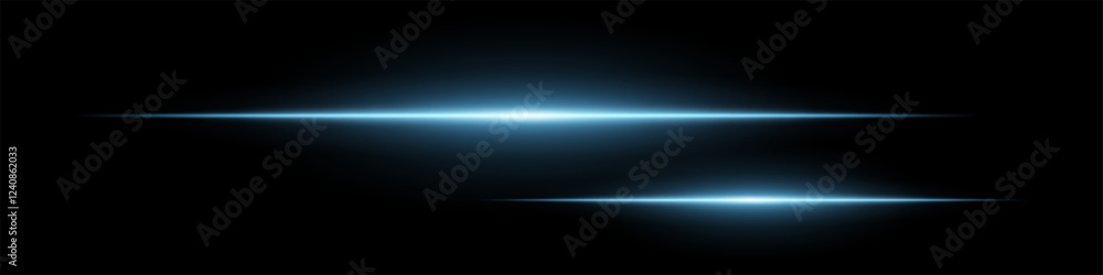 Two horizontal soft blue light beams glowing on black background. Abstract digital energy effect. Futuristic technology and sci-fi concept for design and wallpaper Two horizontal soft blue light beams glowing on black background. Abstract digital energy effect. Futuristic technology and sci-fi concept for design and wallpaper