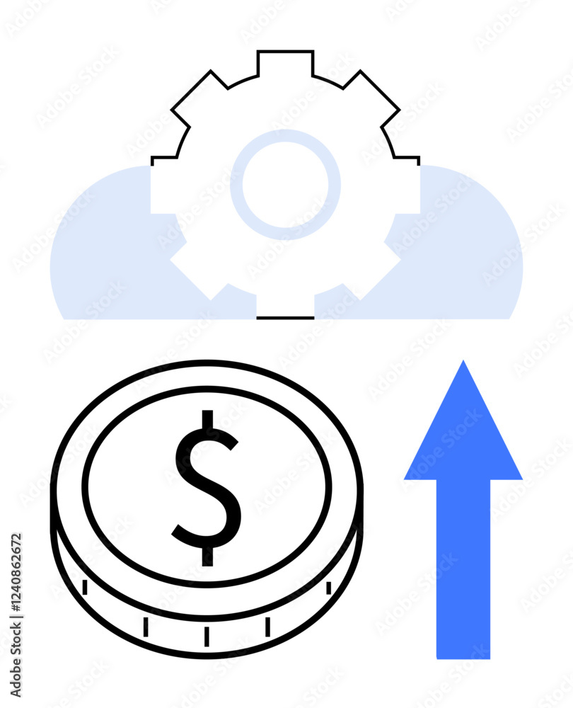 Gear over cloud, coin with dollar sign, upward arrow. Ideal for finance, development, cloud services, efficiency, growth innovation success. Flat abstract line metaphor Gear over cloud, coin with dollar sign, upward arrow. Ideal for finance, development, cloud services, efficiency, growth innovation success. Flat abstract line metaphor