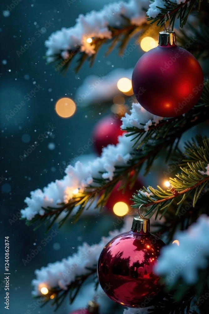 Twinkling string lights on a snowy pine branch with red ornament clusters, Christmas tree lighting ideas, holiday decor inspiration Twinkling string lights on a snowy pine branch with red ornament clusters, Christmas tree lighting ideas, holiday decor inspiration