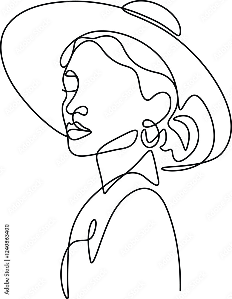 Obraz premium One continuous single-line drawing of women's faces with hats—one-line art of feminine beauty salon model girl portrait graphics artwork. 