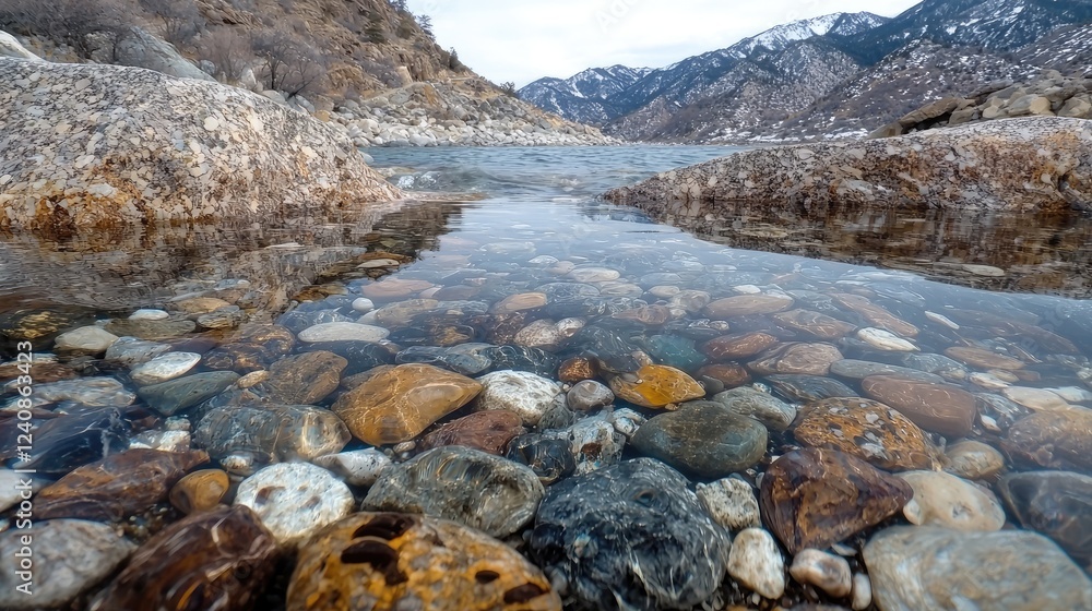Crystal-clear lake, mountain backdrop, winter, calm water, rocks Crystal-clear lake, mountain backdrop, winter, calm water, rocks
