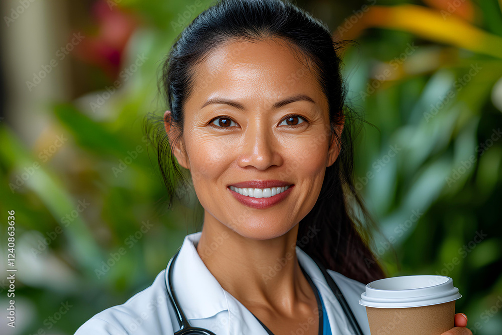 Asian woman doctor pausing for a coffee break, standing in front of a modern healthcare center. Copy space.