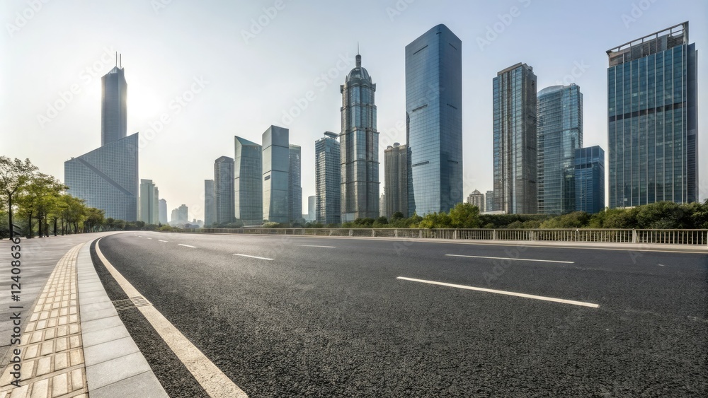 Obraz premium Wide asphalt road stretching through a modern cityscape with sleek skyscrapers and glass towers in the background, cityscape, city streets, urban sprawl