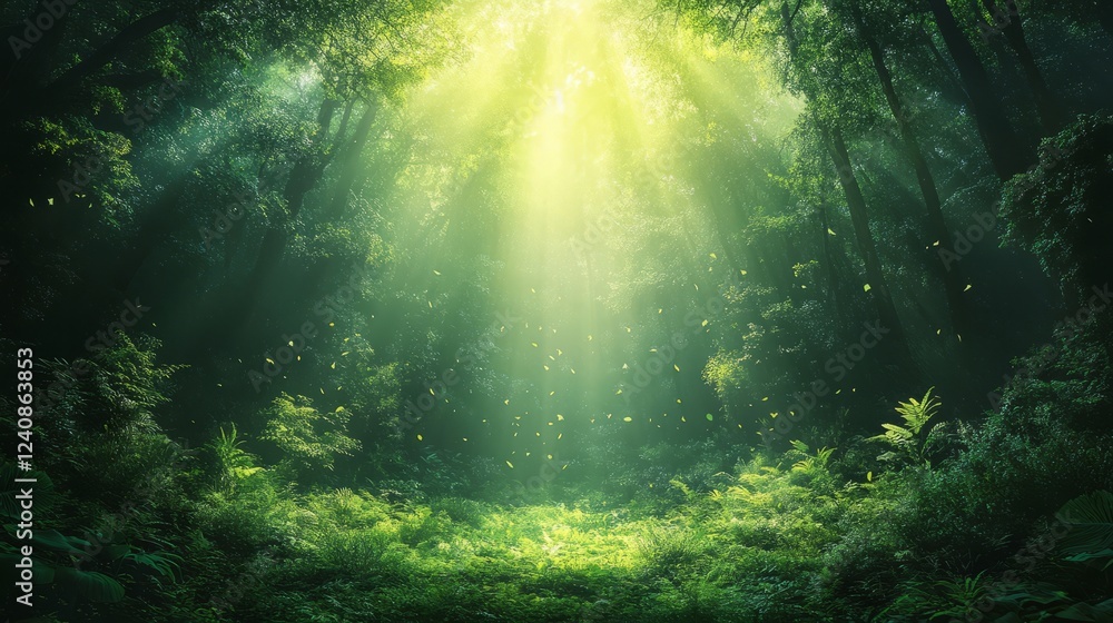 Fototapeta premium Sunbeams Illuminate A Lush, Mystical Forest Floor, Where Leaves Gently Fall.