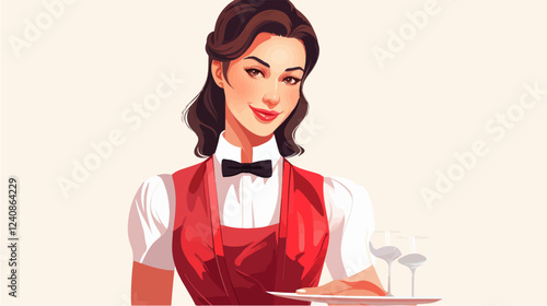 Illustration of a waitress. Beautiful woman waitress. Waitress with a tray in her hands.