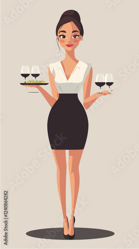 Illustration of a waitress. Beautiful woman waitress. Waitress with a tray in her hands.