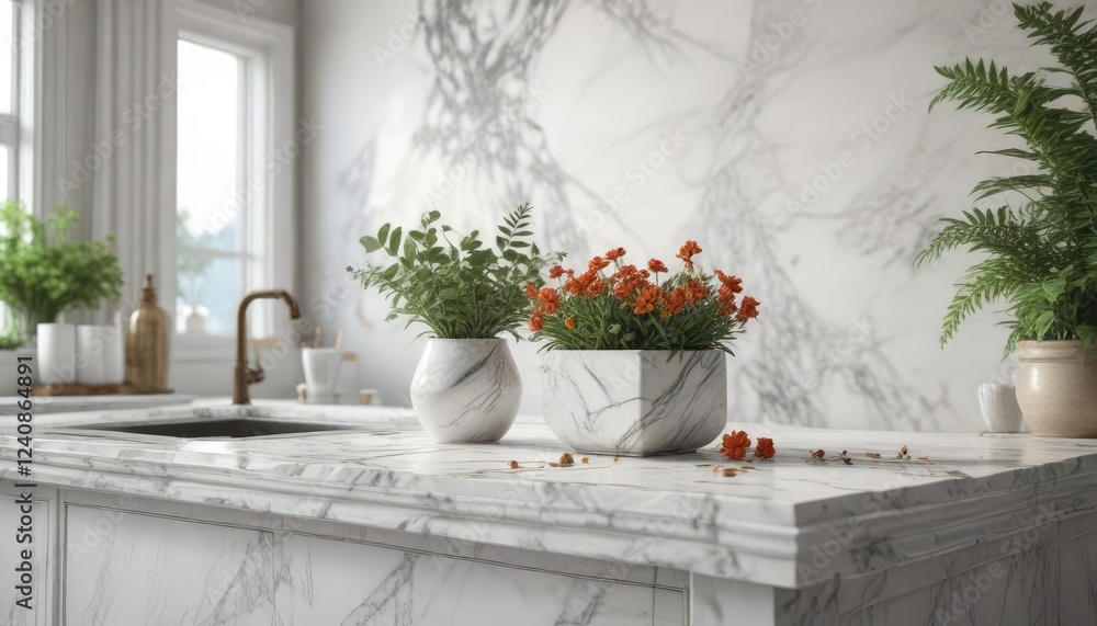 White marble counter adorned with botanicals and literature, contemporary design, peaceful White marble counter adorned with botanicals and literature, contemporary design, peaceful