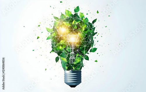 A light bulb with green leaves inside, symbolizing eco-friendly energy and sustainable technology, isolated on a white background. Low-poly vector illustration of wireframe shapes for innovation in th