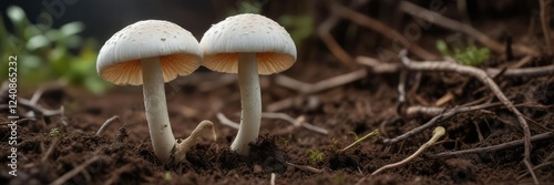 White Lepidella mushroom growing in soil with roots, mushrooms, fungus, underground fungal growth photo