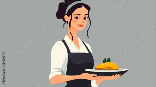 Illustration of a waitress. Beautiful woman waitress. Waitress with a tray in her hands.