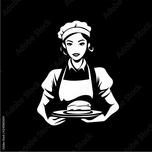 Black and white illustration of a waitress. Beautiful woman waitress. Waitress with a tray in her hands.