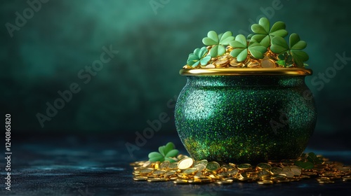 Pot of gold coins and shamrocks and four leaf clovers. St. Partick's Day background