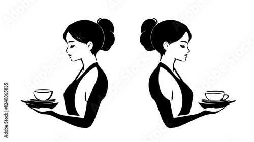 Black and white illustration of a waitress. Beautiful woman waitress. Waitress with a tray in her hands.