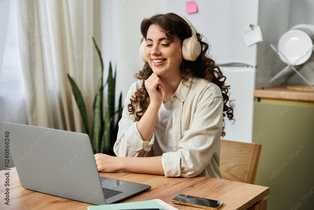 Young woman engages in cheerful conversation at her cozy home workspace Young woman engages in cheerful conversation at her cozy home workspace