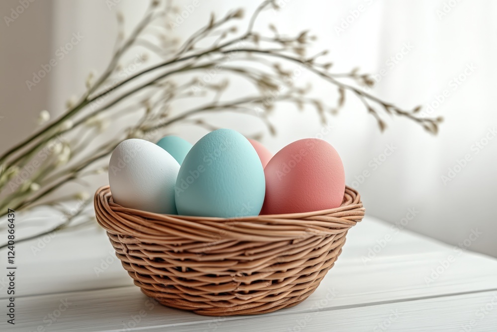 A wicker basket of colorful Easter eggs on a wooden table A wicker basket of colorful Easter eggs on a wooden table
