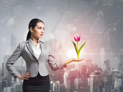 A confident woman stands on a bustling city street, holding a tulip in celebration of International Women's Day. photo