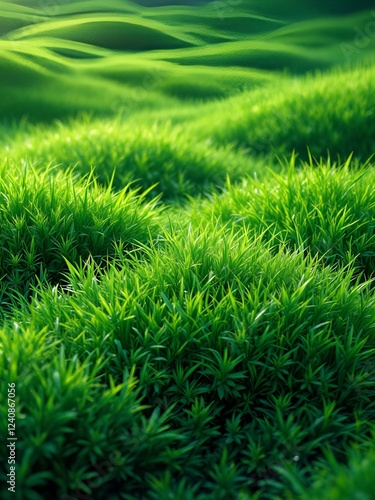 Lush green grass covering rolling hills, creating a peaceful landscape. Natural beauty, vibrant colors, scenic countryside, and fresh outdoor atmosphere.