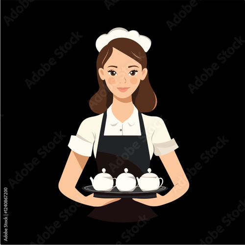 Illustration of a waitress. Beautiful woman waitress. Waitress with a tray in her hands.