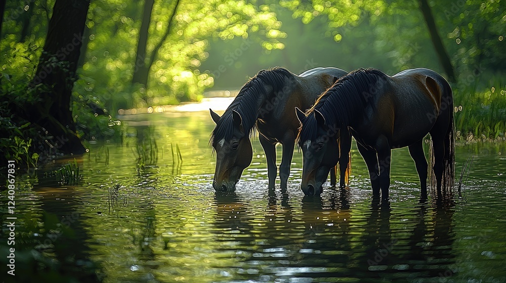 Fototapeta premium Two Dark Horses Drink From Forest Stream