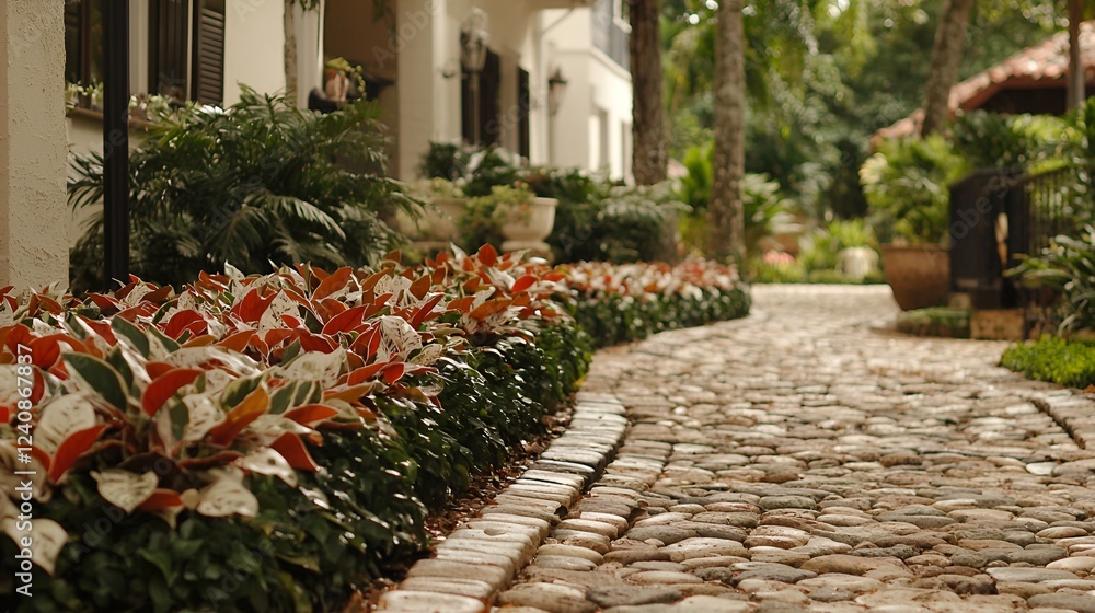 Naklejka premium Winding stone path, lush garden, tropical villa, tranquil background. Ideal for travel brochures