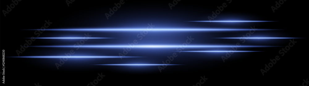 Abstract glowing light streaks on a black background. Bright horizontal blue beams create a speed and motion effect. Suitable for technology, sci-fi, digital energy, and futuristic themes Abstract glowing light streaks on a black background. Bright horizontal blue beams create a speed and motion effect. Suitable for technology, sci-fi, digital energy, and futuristic themes