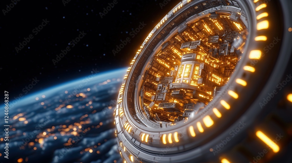 Futuristic space station orbiting Earth. View of planet Earth from a space station window Futuristic space station orbiting Earth. View of planet Earth from a space station window