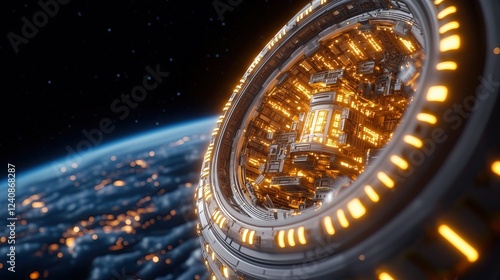 Fototapeta Naklejka Na Ścianę i Meble -  Futuristic space station orbiting Earth.	View of planet Earth from a space station window