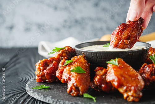 delicious buffalo wings on a stone plate on a black wooden rustic background