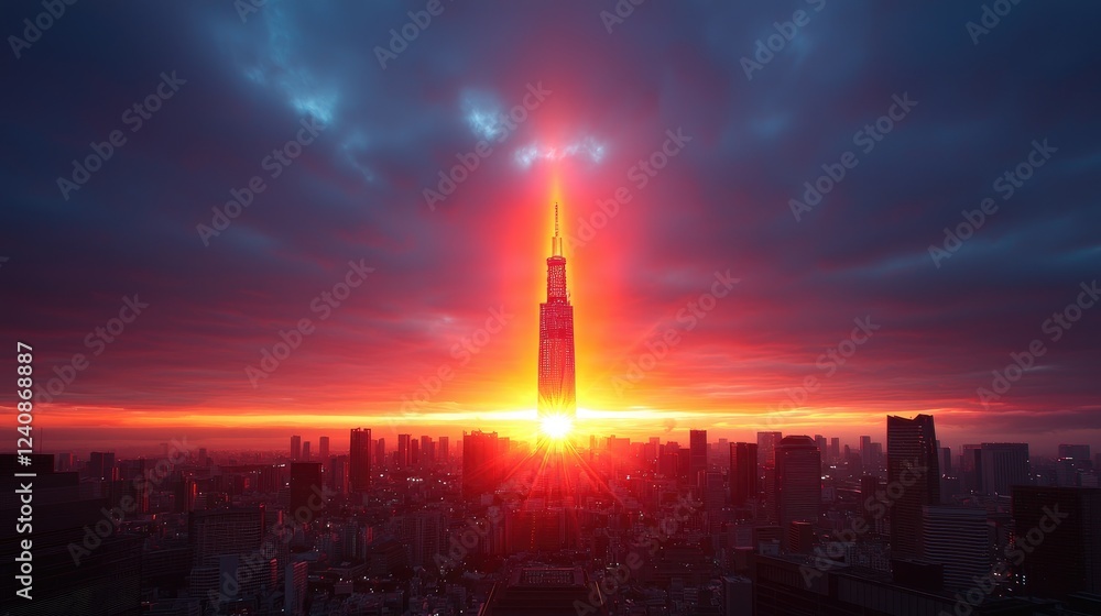 Naklejka premium Tokyo skyscraper sunrise, city skyline, fiery dawn, urban landscape, business