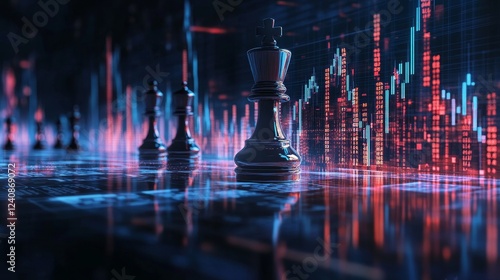 Strategic chess match reflecting financial trends urban skyline digital art futuristic environment low angle view concept of strategy in business