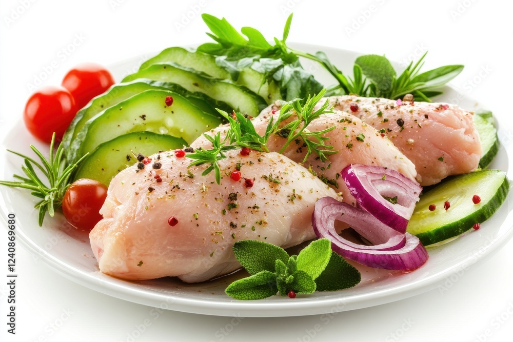 Fresh Appetizing Chicken Breast with Vegetables and Herbs Served on a Platter, Perfect for Healthy Eating and Culinary Inspiration in Food Photography Fresh Appetizing Chicken Breast with Vegetables and Herbs Served on a Platter, Perfect for Healthy Eating and Culinary Inspiration in Food Photography