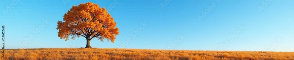 A solitary autumn tree against a brilliant blue sky with golden leaves, countryside, tree, gold