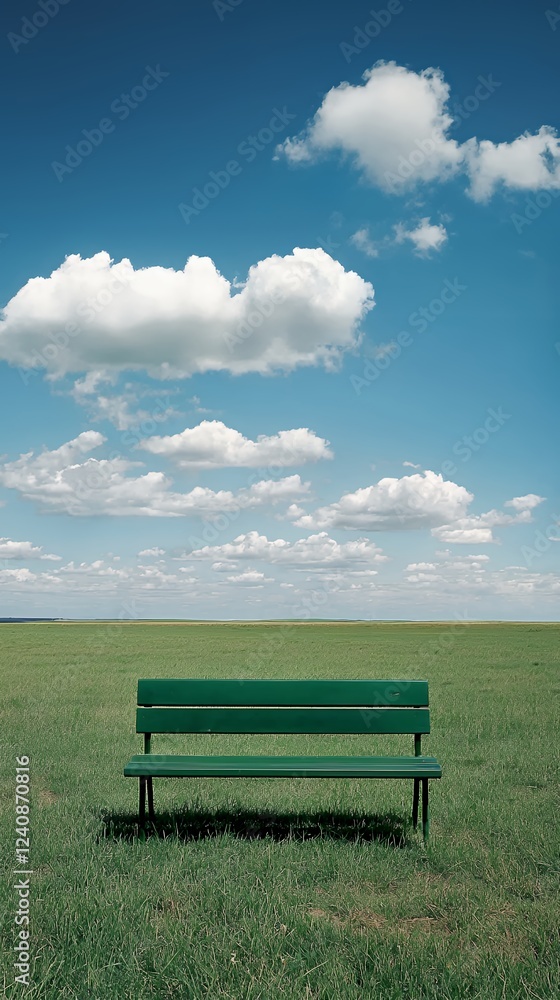 Tranquility: A solitary bench in a vast green field under a bright blue sky adorned with fluffy white clouds. A peaceful scene inviting contemplation and rest. Tranquility: A solitary bench in a vast green field under a bright blue sky adorned with fluffy white clouds. A peaceful scene inviting contemplation and rest.